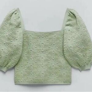 ZARA Textured Puff Sleeve Top in Light Green